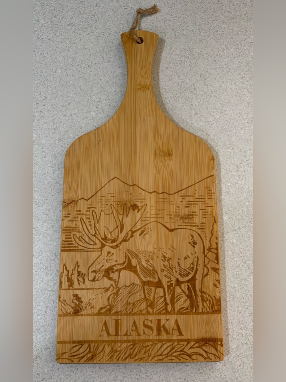 Alaska Engraved Paddle cutting Board with Moose Design